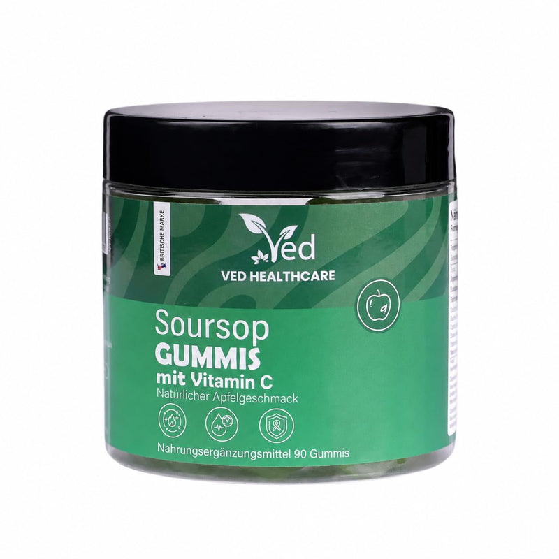 VED Soursop Gummies, 90 Vegan Apple Flavor Gummies with Soursop Leaf & Fruit Extract, Vitamin C & Magnesium, Gluten Free.