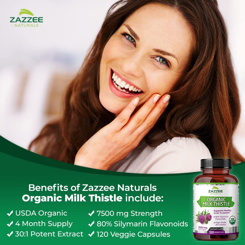 [Australia] - Zazzee USDA Organic Milk Thistle 30:1 Extract, 7500 mg Strength, 120 Vegan Capsules, 80% Silymarin Flavonoids, Standardized and Concentrated 30X Extract, 100% Vegetarian, All-Natural and Non-GMO 