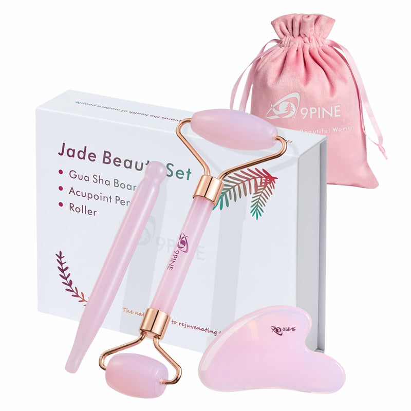 Jade Roller and Gua Sha Set, Face Massage Tools for Skincare,Facial Tools for Face, Neck, Eyes, for Enhanced Lymphatic Drainage, Self Care Gift for Men Women(Pink) Pink