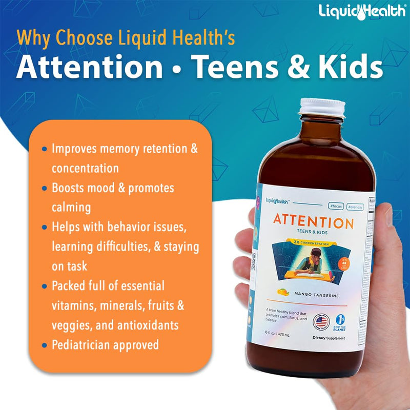 LIQUIDHEALTH Mega Energy B-Complex & Attention Teens & Kids Liquid Vitamin Bundle for Children - Improve Focus & Concentration, Boost Mood, Increase Natural Energy Levels - Vegan, Non-GMO, USA Made