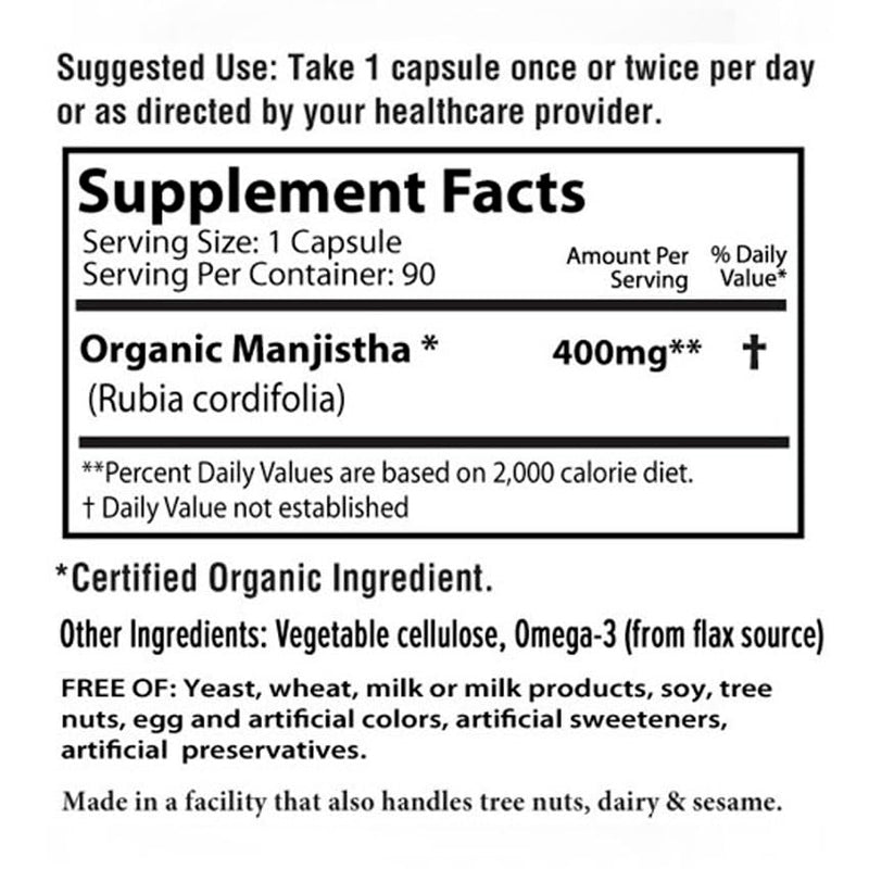 [Australia] - Manjistha Herbal Supplements 400mg Capsules, USDA Organic, Kosher - 90 Count 