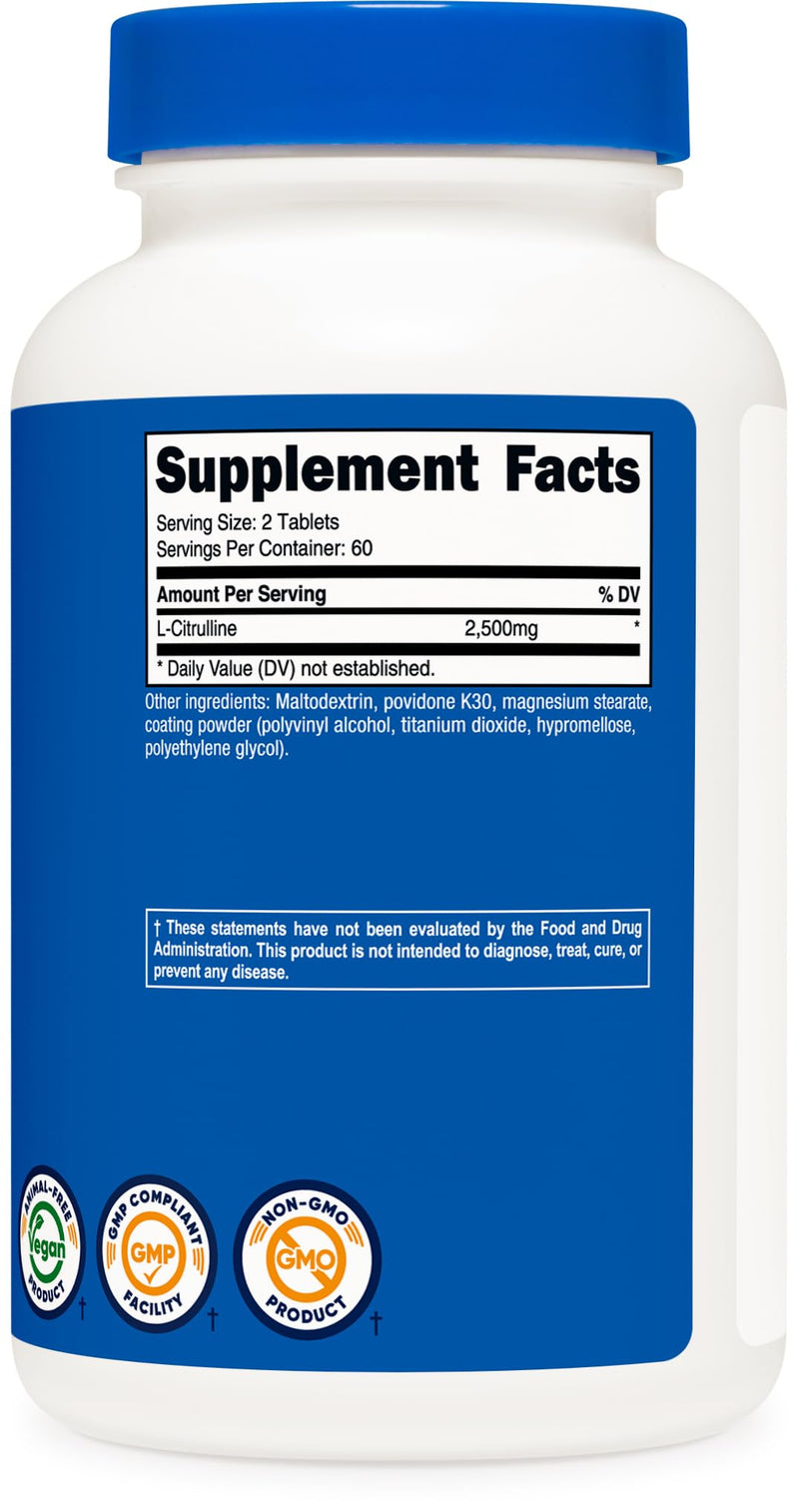 Nutricost L-Citrulline (2500mg) 60 Servings, 120 Tablets | 1250mg Per Tablet, GMO-Free and Gluten Free 120 Count (Pack of 1)