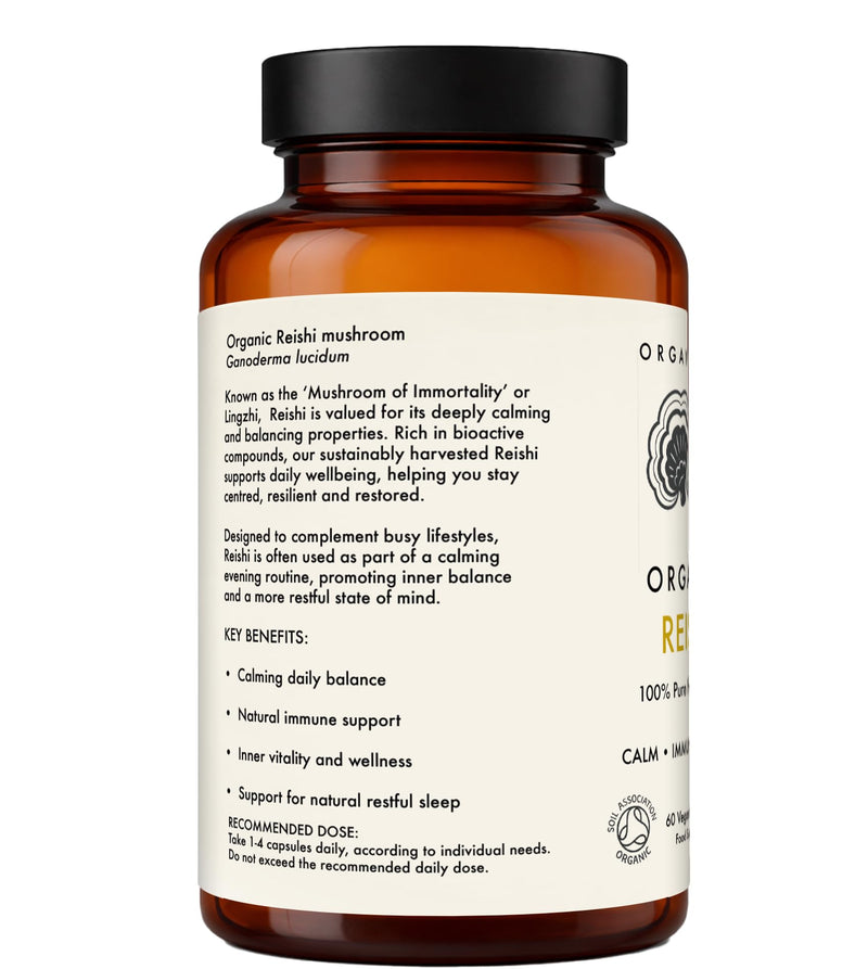 Organic Reishi Mushroom Capsules 500mg | 100% Pure Fruiting Body Ganoderma Lucidum | Adaptogenic Calm & Immune Support | Vegan Capsules | Soil Association Certified | No Mycelium or Fillers