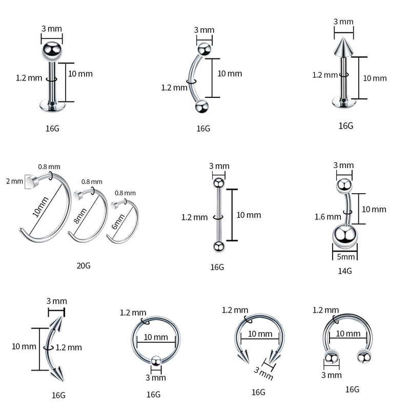 [Australia] - 80PCS Nose Piercing Kit for All Body Piercings Stainless Steel Piercing Jewelry with 12G 14G 16G 20G Piercing Needles for Ear Cartilage Tragus Nose Septum Lip Eyebrow Silver 
