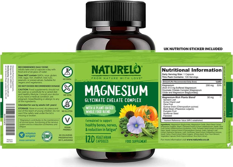 NATURELO Magnesium Glycinate Chelate Complex - 200 mg Magnesium with Whole Food Extracts to Support Energy, Nerves & Healthy Bones – 120 Vegan Capsules | 4 Month Supply 120 count (Pack of 1)