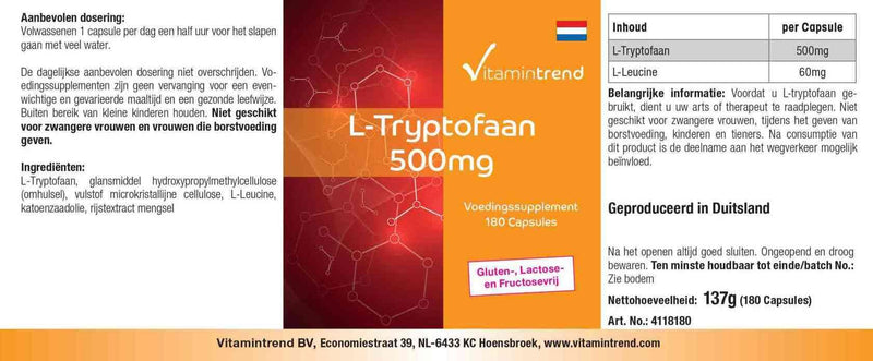[Australia] - L-Tryptophan 500mg - 180 capsules - vegan - bulk pack for 6 months | Vitamintrend® 