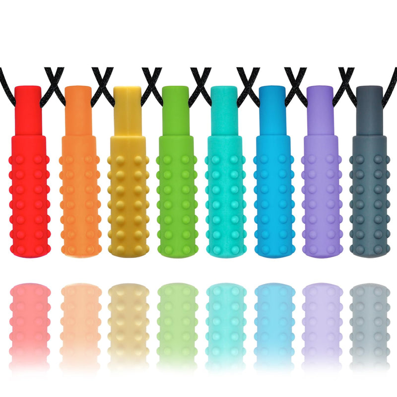 [Australia] - Sensory Chew Necklaces for Boys and Girls, 8 Pack Chew Necklace for Sensory Kids with Autism, ADHD, SPD, Biting, Silicone Oral Sensory Toys for Autism Adults Reduce Chewing Anxiety Fidget Red,Orange,Yellow,Blue,Green, Violet, Turquoise,Gray 