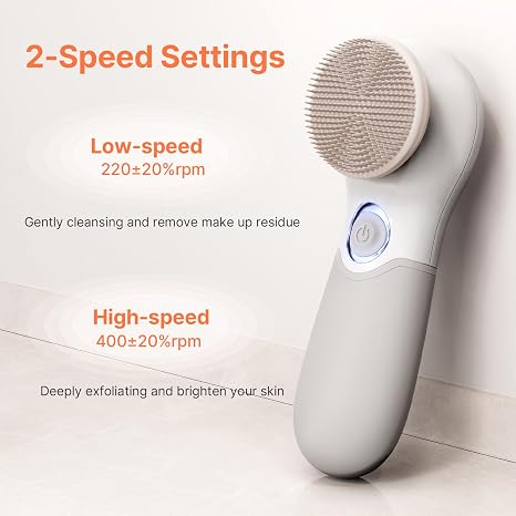 TOUCHBeauty Facial Cleansing Brush Electric, Face Cleansing Brush with Stand, 3 Brush Heads, 2 Speeds, IPX5 Waterproof, Battery-Powered, Suitable for All Skin Types, TB-0759D White