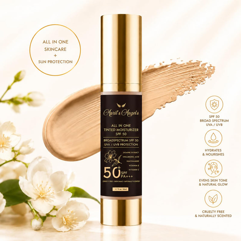 April's Angels All in One Universal Tinted Moisturizer, Broad Spectrum SPF 50 PA+++, with Hyaluronic Acid, Jasmine Extract, Vitamins C and E. 1.7 fl oz | SPF 50