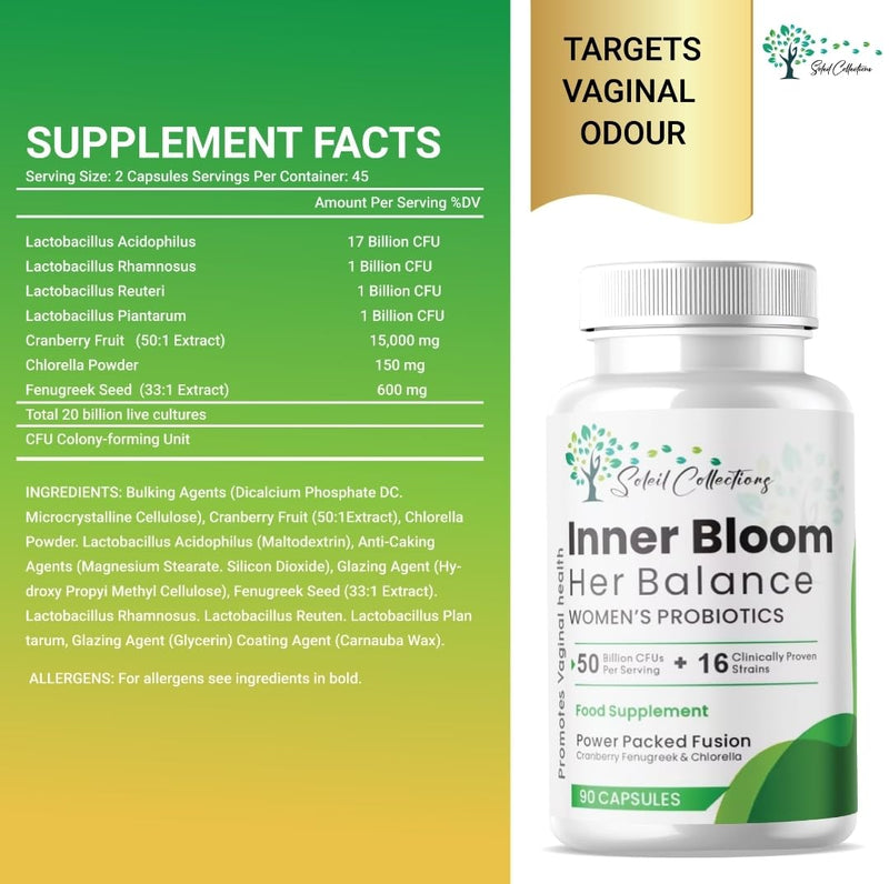 Inner Bloom Probiotics for Women | 50 Billion CFU + 15,000mg Cranberry, Fenugreek & Chlorella | Supports Intimate & Gut Health | Bio Cultures | 90 Count
