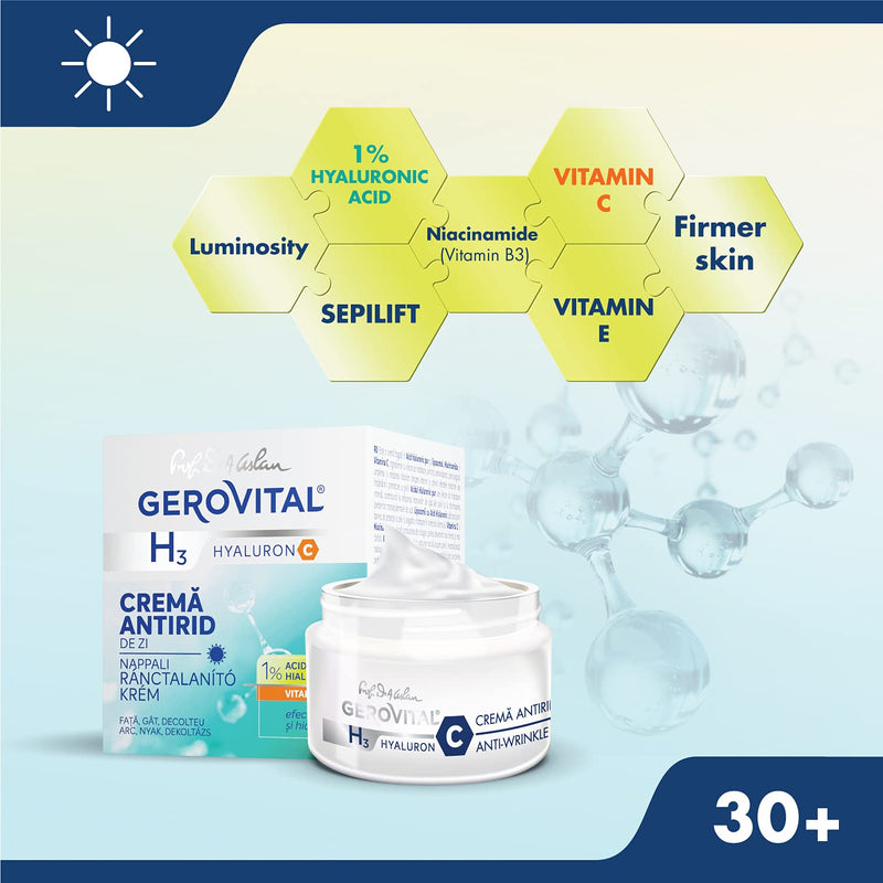 GEROVITAL Anti-Wrinkle Day Face Cream Rich in Hyaluronic Acid, Vitamin C and Niacinamide, Vitamin E, Intense Moisturizer, for Normal, Mixed, Dry Skin, 50 ml