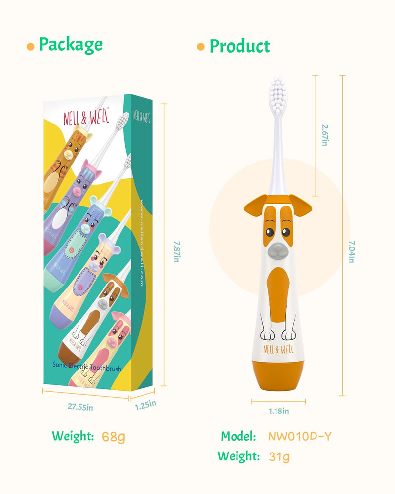 [Australia] - NELL&WELL [UPGRADE] Kids Electric Toothbrush with 2mins Brushing Timer, Battery Powered Toothbrushes with 3 Soft Bristles Heads for Children Boys and Girls Ages 3+, IPX7 Waterproof, BPA Free (Yellow) Yellow Dog 
