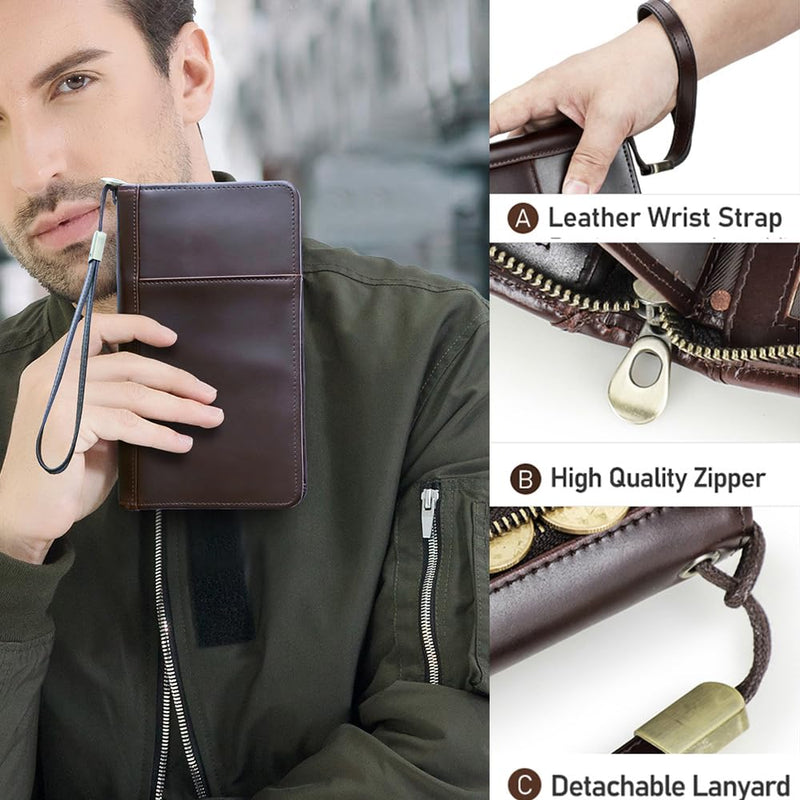 CONTACTS Travel Passport Wallet for 4 Leather Family Passport Holder Clutch Wallet Zipper Wrist Card Purse RFID Blocking with 13 Card Slot Fit up 4 Passports Glossy Coffee