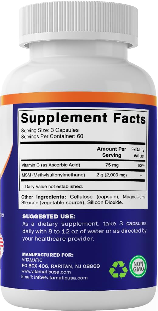 [Australia] - Vitamatic MSM 2000 mg with Vitamin C 75mg per Serving - 180 Veg Capsules - Vitamin C Aid in Better absopriton of MSM (Methylsulfonylmethane) - Non-GMO & Gluten Free 180 Count (Pack of 1) 