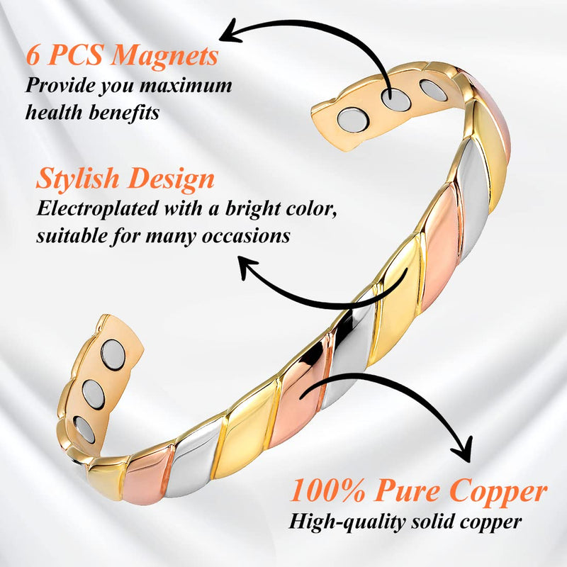 [Australia] - Vicmag Copper Bracelet for Women Men Magnetic Bracelet with Ultra Strength Magnets 100% Solid Pure Copper Gift (Tricolor) D-Tricolor 