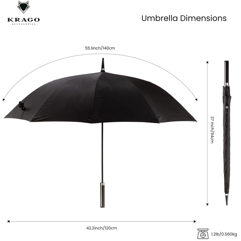 KRAGO Travel Umbrella - Large 55 Inch Windproof Golf Stick Umbrella | Umbrella for Rain - Auto Open Fiberglass Frame Straight Umbrella with Stylish Plastic Handle - Big for Men and Women Black with Silver