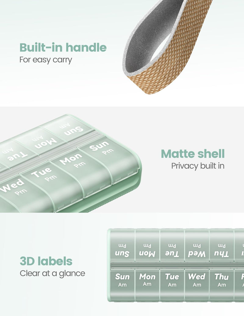 Pill Organizer 2 Times a Day, Built-in Desiccant | 7 Day AM PM Weekly Pill Box, Easy-Open, Portable Carry Handle, BPA-Free, Matte Privacy Case for Supplements and Vitamins A1-green 14 compartments
