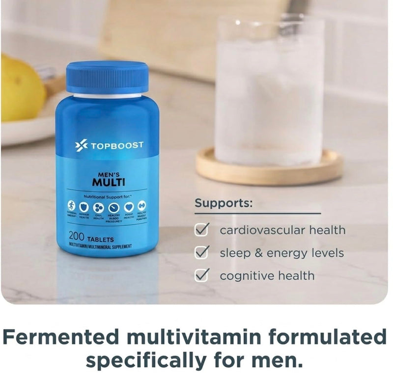 Topboost Multivitamin for Men - 200 Vegan Tablets, 19+ Active Daily Mens Multivitamins with Vitamin D, Zinc, Folic Acid, and B Vitamins, Physical Energy Support, 200 Count