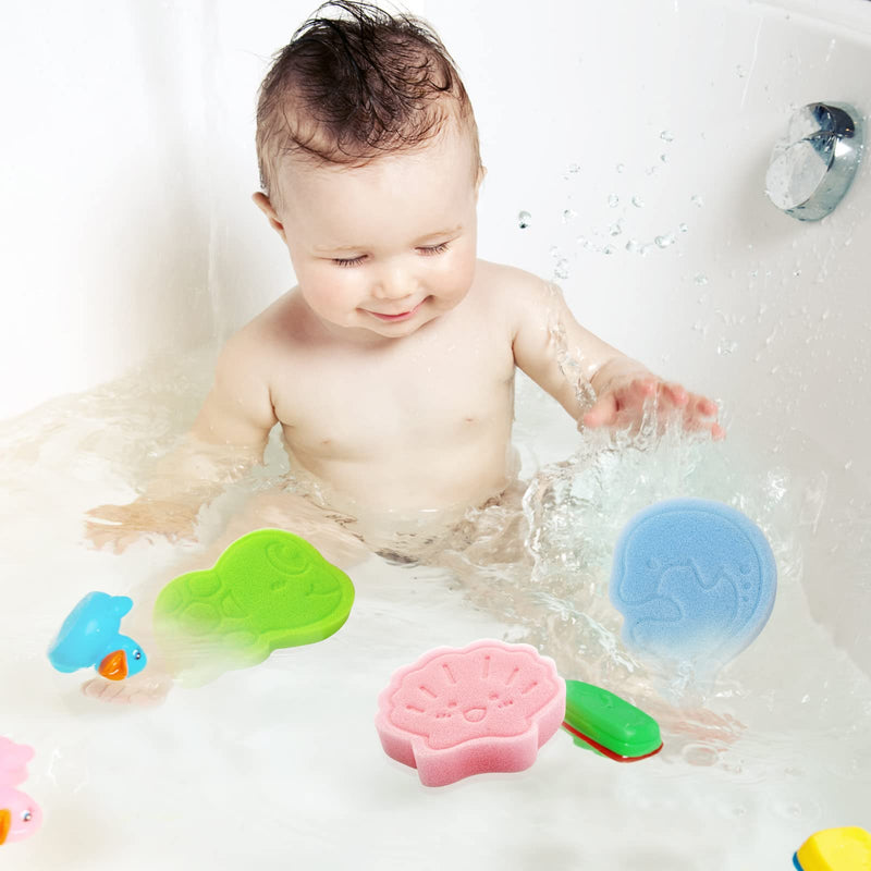 [Australia] - Baby Bath Sponge, Natural Cute Shapes Soft Shower Sponges for Bathing, Bathtub Foam for Infants and Toddler, 3pcs : Blue Dolphin, Pink Shell, Green Turtle 
