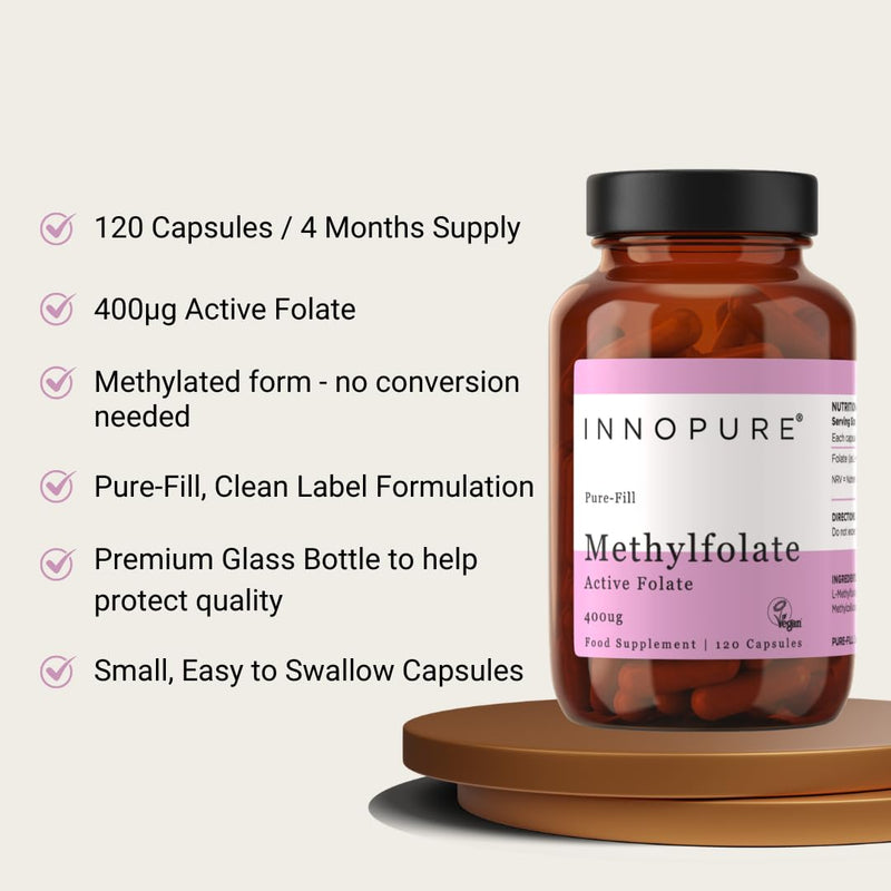 INNOPURE L-Methylfolate Folate 400mcg (No Fillers or Binders) Pure-Fill Supplement 120 Capsules