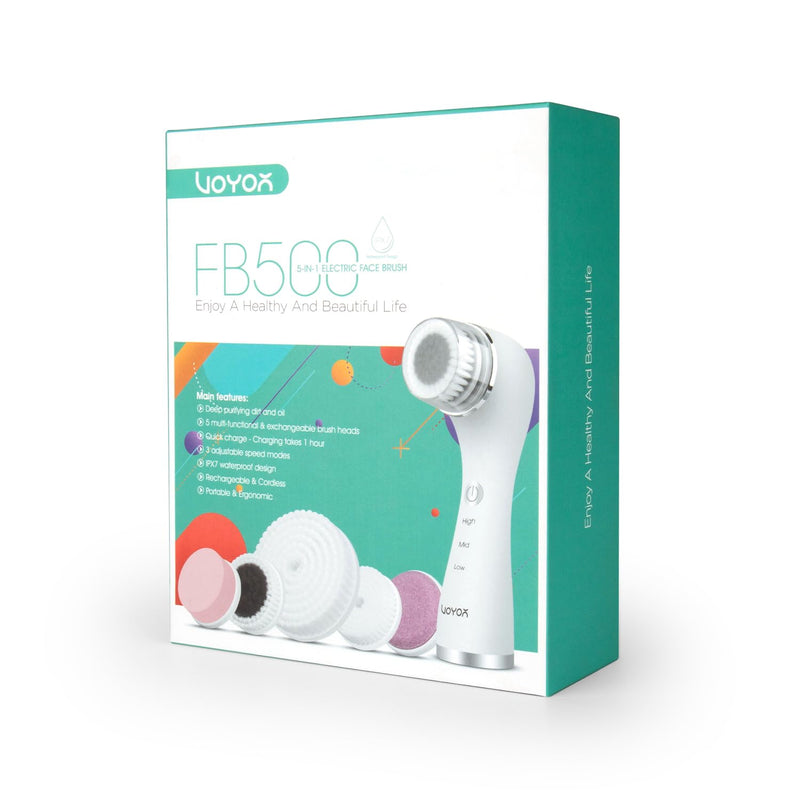 [Australia] - VOYOR Facial Cleansing Brush Rechargeable, Spin Face Brush Waterproof 5-in-1 Body Brush Set for Deep Skin Cleansing, Gentle Exfoliating and Massaging FB500 (White) White 