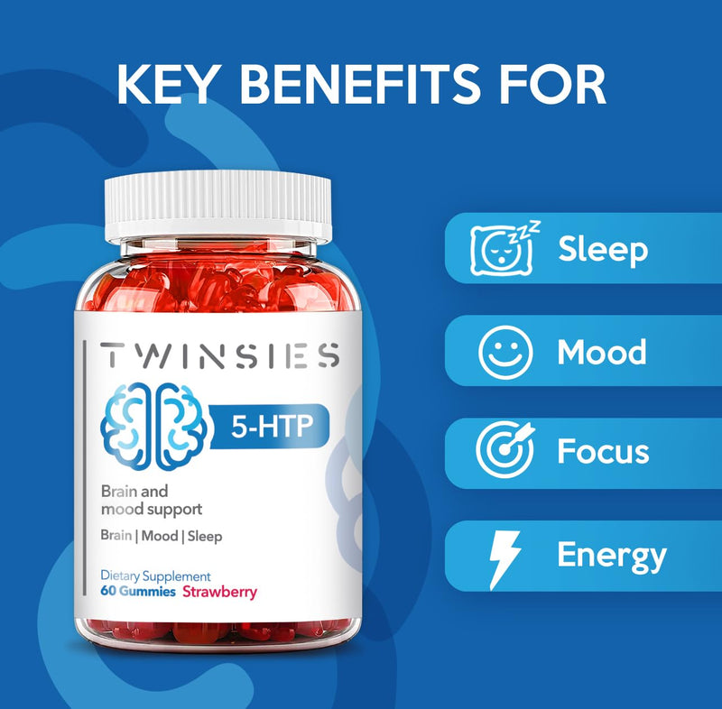 [Australia] - 5-HTP Gummies 200mg with L-Tryptophan Supplement for Brain, Mood Stabilizer and Sleep Support, 60 Strawberry Gummies (Strawberry) 