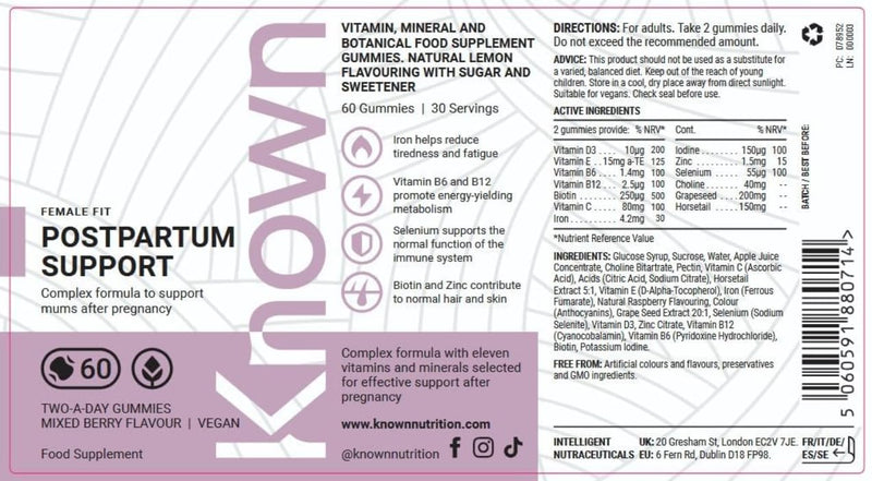 Known Postpartum Support Gummies – Mixed Berry Flavour – Vegan Multivitamin Gummy Supplement with Iron, Biotin, Choline & Vitamins – Post Pregnancy Recovery & Energy – 1 Month Supply – for Women