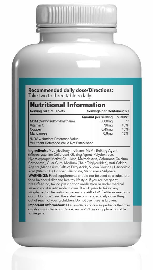MSM 3,000mg | with Added Vitamin C | Supports Healthy Joints, Skin, and Immune Function | Vegan & Vegetarian Friendly | Made in The UK Unflavoured 2 count (Pack of 180)