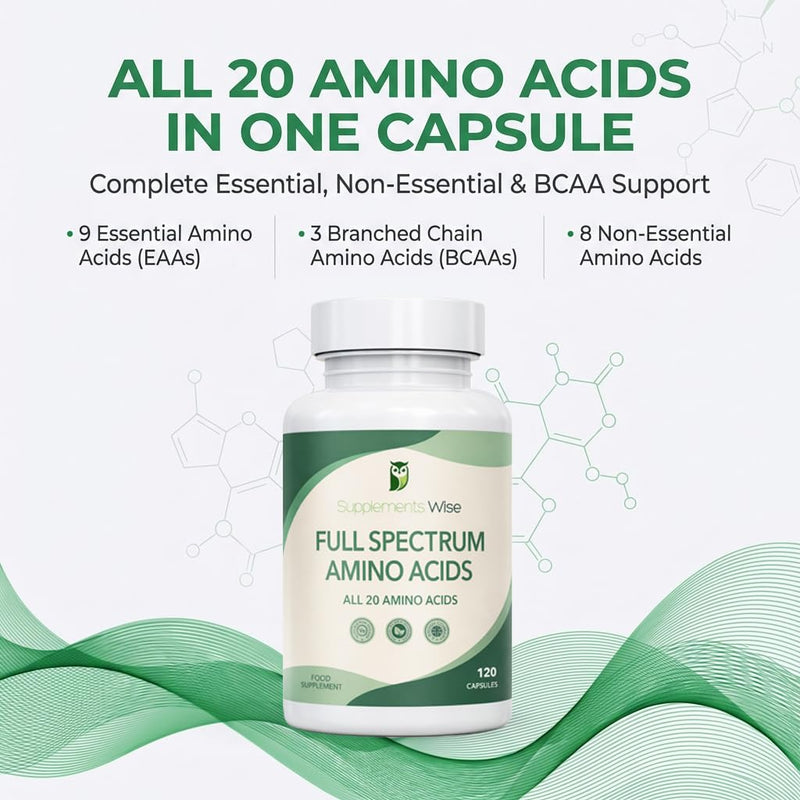 Full Spectrum Amino Acids Complex - 120 Powder Capsules - Free Form Amino Acid Supplements - Includes Essential (EAA) and BCAA for Optimal Benefits - Suitable for Vegans - Up to 4 Month Supply
