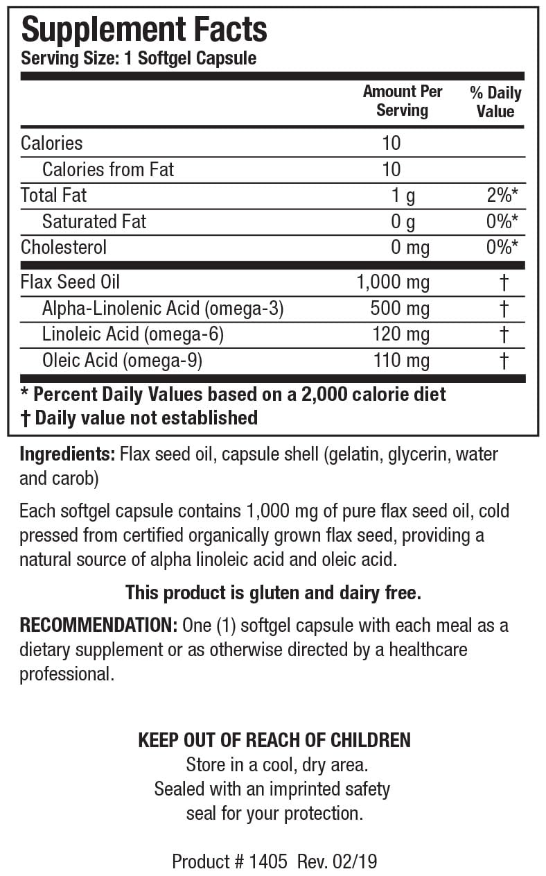 [Australia] - Biotics Research Flax Seed Oil Each capsule contains 1,000 of pure flax seed oil. Cold pressed from certified organically grown flax seed. Heart Health. 100 Softgels 