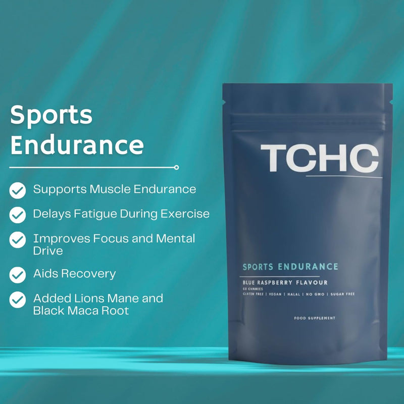 TCHC - Sports Endurance Gummy, Natural Pre-Workout - Fast Working. Added Lions Mane, Black Maca Root, VIT B12, VIT B3 & Guarana Extract. High Intensity. Boost Cognitive Function and Improve Memory.