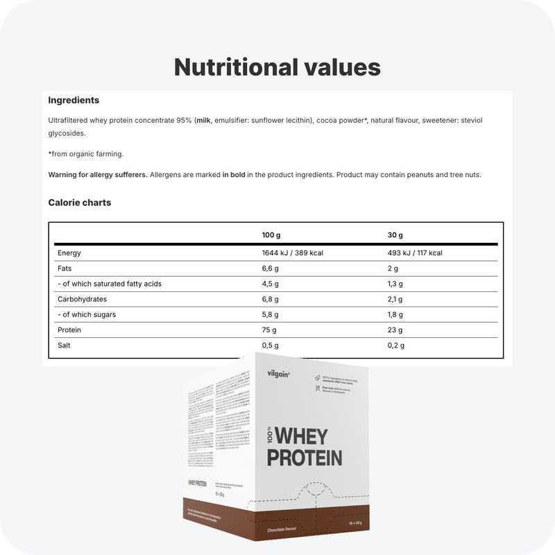 Vilgain Whey Protein Chocolate 10x30g | 23g Protein per Serving | Ultrafiltered CFM Whey Concentrate | High BCAA & Protein Content | Sweetened with Stevia