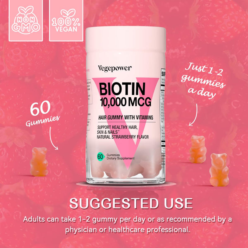 Biotin Gummies 10000mcg Supplements - with Vitamin C, A, D, B-Complex, Folate, Zinc for Women & Girls- Vegan Biotin Hair Growth Gummy for Healthy Hair and Nails, Non-GMO, Strawberry, 120 Bear Fruit 60 Count (Pack of 2)