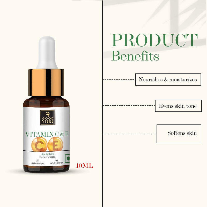 Good Vibes Vitamin C & Vitamin E Age Defying Face Serum | Lightweight Naturally Glowing Serum For All Skin Types | Helps Repair Skin & Wrinkles | No Parabens & Sulphates (10 ml/0.34 Fl Oz)