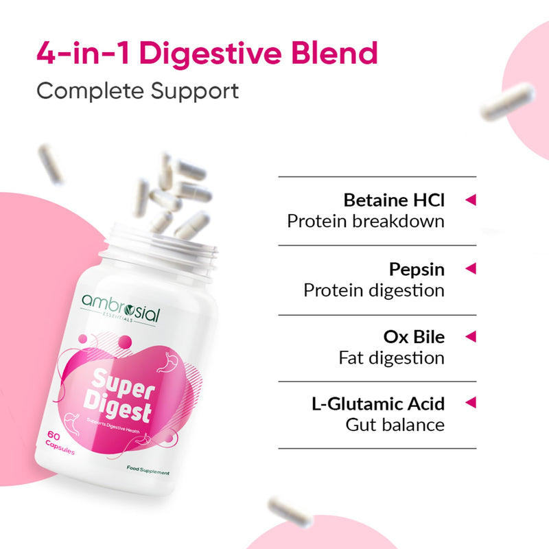 Ambrosial Super Digest – Advanced Digestive Enzyme Supplement with Betaine HCl, Pepsin, Ox Bile & L-Glutamic Acid – Gut Health & Nutrient Absorption Support – GMP-Certified, 60 Capsules (2 Months)