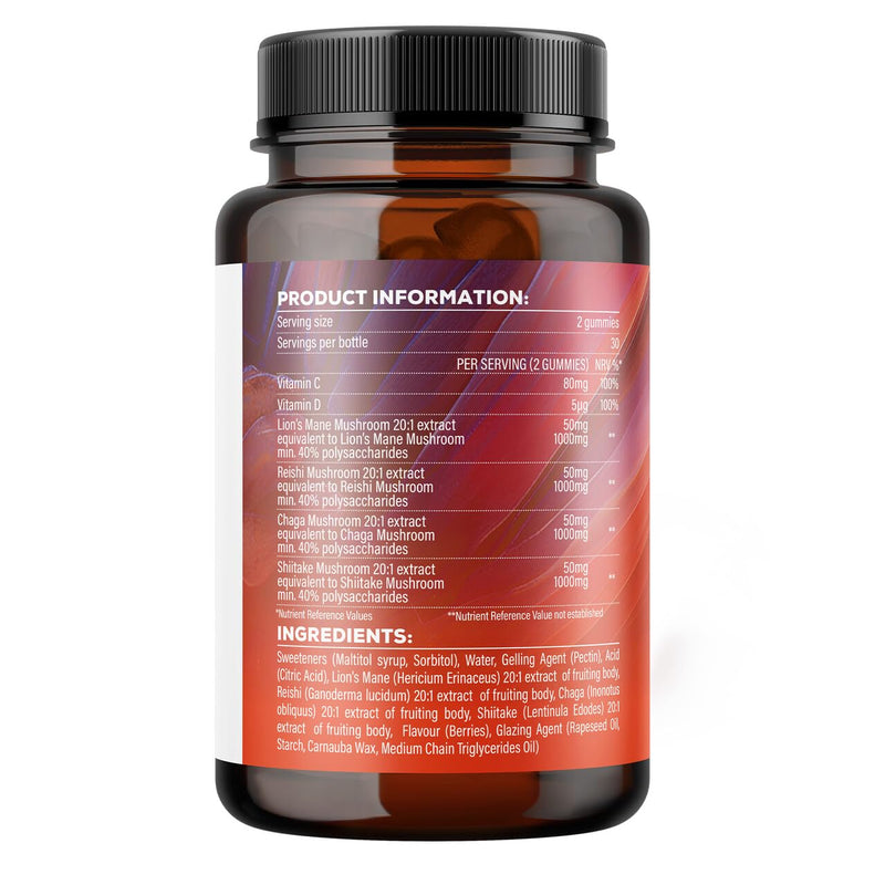 SOOL 4 Mushroom Complex Gummies 2000mg, 60pcs, Berry Flavour: Chaga, Reishi, Shiitake, Lions Mane Supplement | Nootropics Gummies High Strength | Memory & Focus, Energy, Immunity Booster Supplement 60 count (Pack of 1)