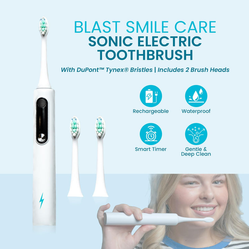 Electric Toothbrush with Tynex Bristles - Rechargeable Toothbrush with 30-Second Reminder & 2-Minute Smart Timer - IPX7 Waterproof Sonic Tooth Brush Includes 2 Tooth Brush Heads