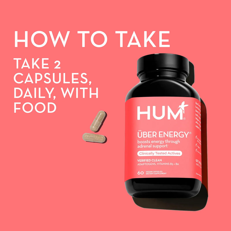 HUM Uber Energy Adaptogen & B Vitamin Supplement, 60 Count | Ashwagandha, Ginseng, Eleuthero, Rhodiola & Licorice Root, B5 & B6 Vitamins, Vegan, Non-GMO