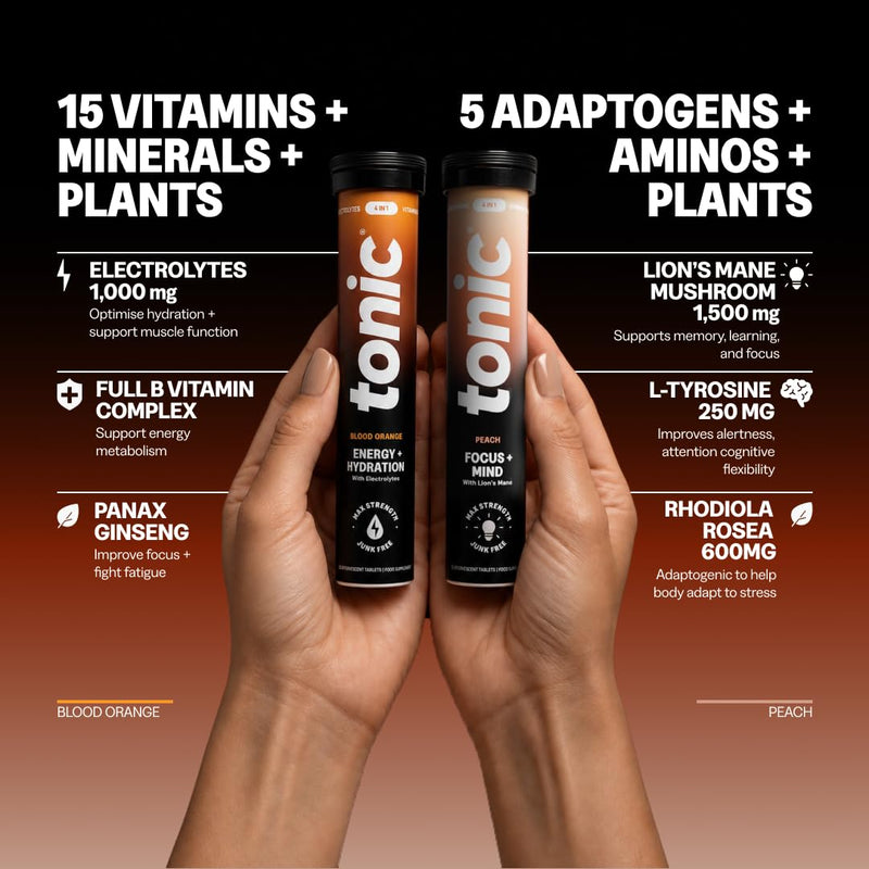 Tonic Health Energy & Focus Bundle - Clean Energy, Hydration Focus, Mind & Cognitive Support – Effervescent Tablets with Electrolytes & Nootropics – No Sugar – 2 x 20 Day Supply