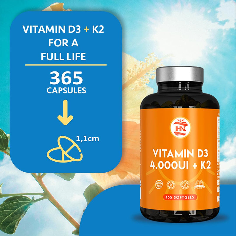 Vitamin D 365 Capsules - Vitamin D3 K2 Capsules – High-Strength Vitamin D3 4000 IU – Supports Immune System and Bone Health