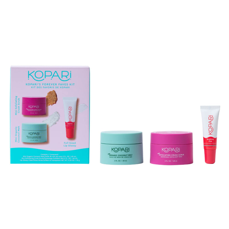 Kopari Forever Faves Bundle | Mini Organic Coconut Melt, Exfoliating Mini Coconut Crush Scrub, Clear Moisturizing Lip Glossy | Body and Lip Kit to Soothe and Hydrate Dry Skin | Cruelty Free, Vegan