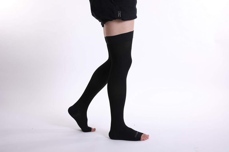 [Australia] - Doc Miller Thigh High Open Toe Compression Stockings 15-20mmHg for Varicose Veins, Pregnancy Support Open Toe Thigh High Compression Socks for Women and Men Large Black 