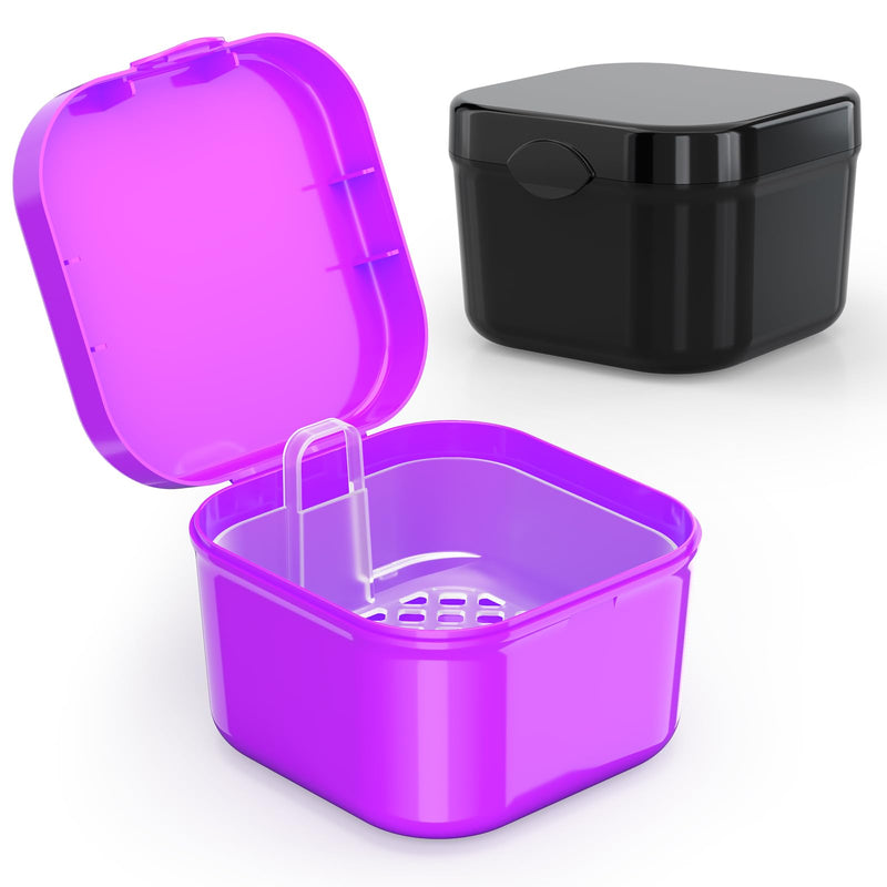 [Australia] - 2 Pack Denture Bath Case and Retainer Case Denture Cups for Soaking Dentures Holder False Teeth Container Mouth Guard Storage Case Cleaning Purple+Black 