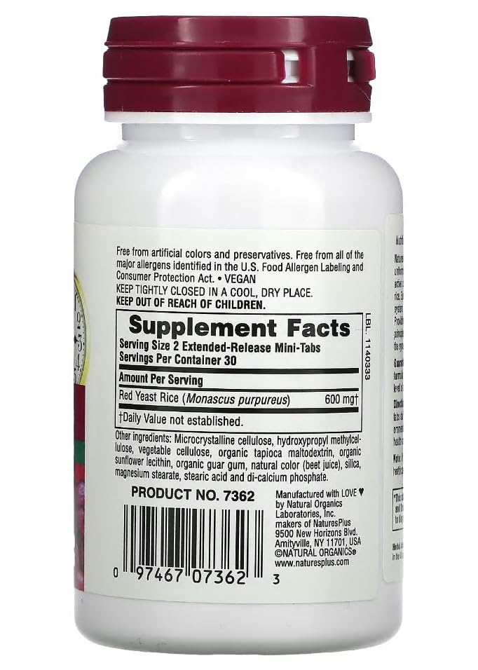 [Australia] - Natures Plus Herbal Actives Red Yeast Rice, Extended Release - 600 mg, 60 Mini Tablets - Herbal Supplement - Vegan, Vegetarian, Gluten-Free - 30 Servings 60 Count (Pack of 1) 