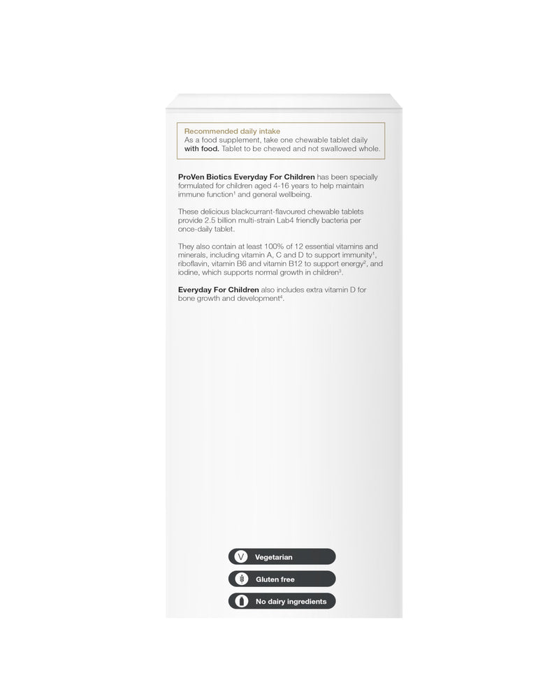 Proven Biotics Everyday for Children (4-16) | 60 Chewable Probiotic Tablets Blackcurrant | with 2.5 Billion Live Bacteria Vitamins Minerals | Immune Bone Energy Support