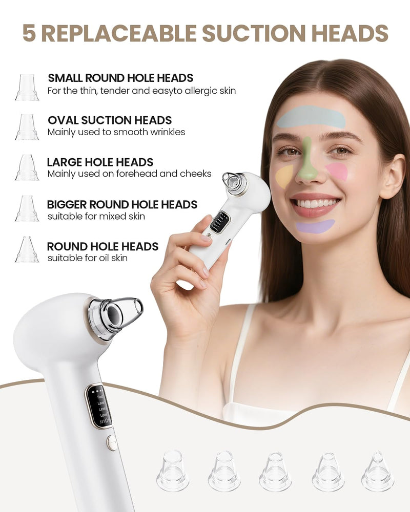 Pore Vacuum Blackhead Remover Kit - 5 Suction Heads & Extractor Tools, 3 Adjustable Suction Levels - Facial Pore Cleansing for Women&Men (White) White