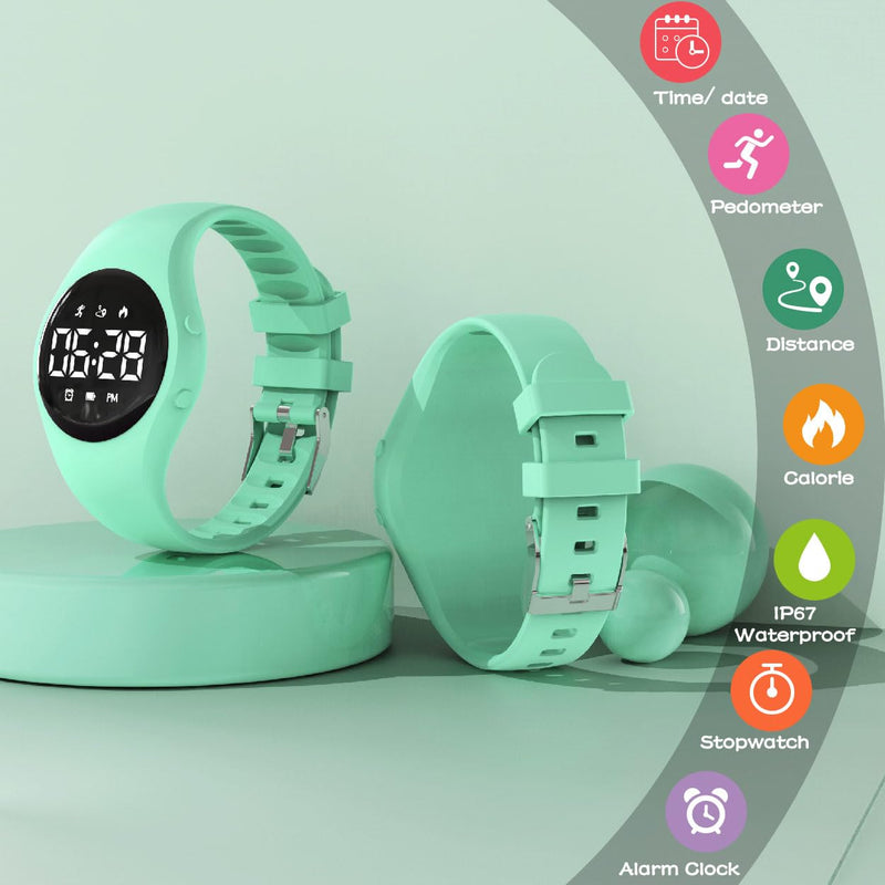 [Australia] - Kids Led Digital Pedometer Watch, Steps Counter, Waterproof Wristwatch, Vibrating Alarm Clock, Stopwatch, Great Gift for Kids Children Teens Girls Boys(Green) Green 