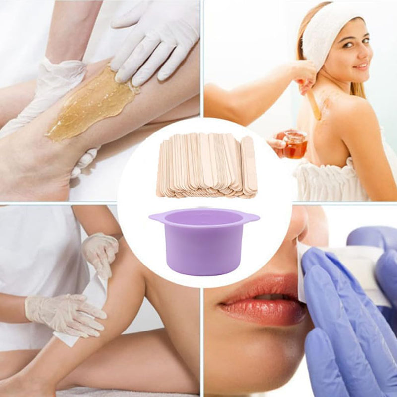2pcs Silicone Wax Warmer Liner & 50 Pcs Waxing Sticks Body Hair & 50 Pcs Protective Collars Ring Removal Sticks Applicator Easy to Clean Non-Stick Wax Pot Silicone Bowl Purple-2