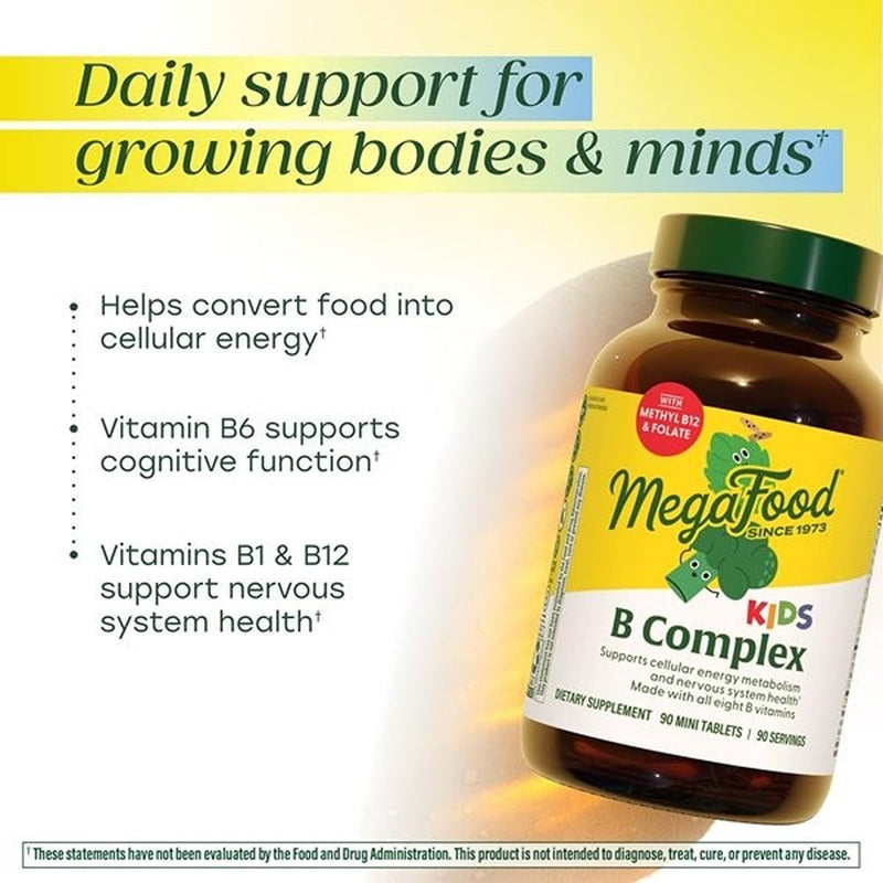 MegaFood Kids Vitamin B Complex, Cellular Energy Support, 30 Mini Tablets | Vitamin B12 and B6, Folate, Biotin, Zinc, Lemon Balm, L Theanine and More, Supports Brain Health, Vegetarian, 30 Servings 30 Count (Pack of 1)