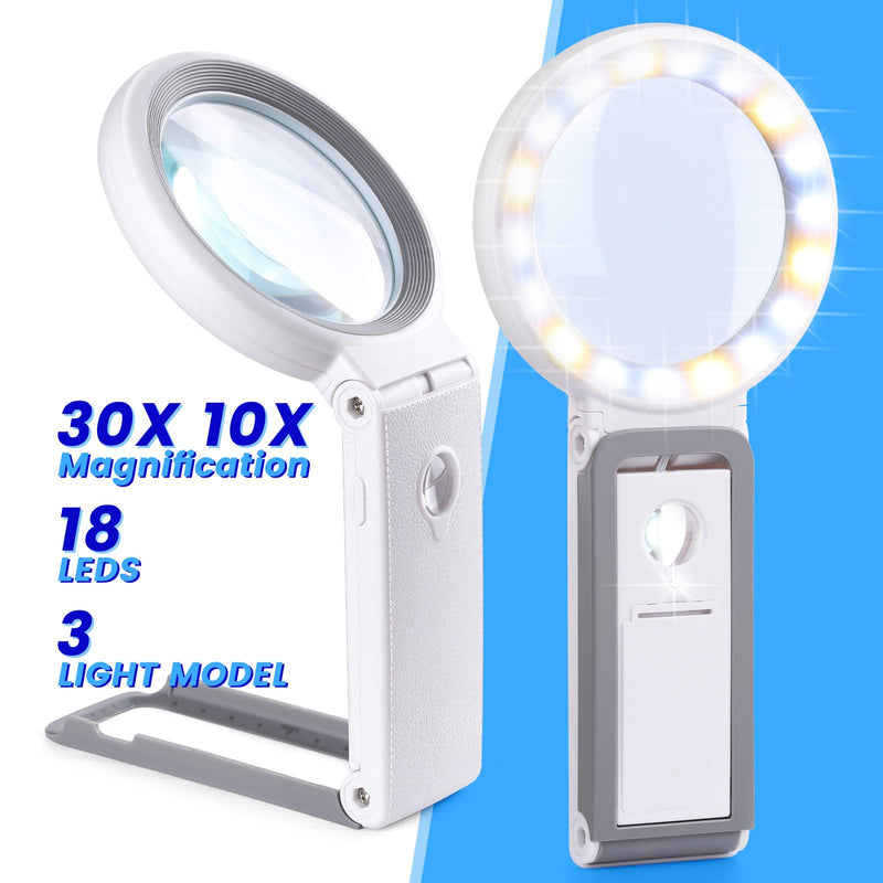 [Australia] - 30X 10X Magnifying Glass with Light and Stand, Foldable Handheld Magnifying Glass 18 LED Illuminated Lighted Magnifier for Macular Degeneration, Seniors Reading, Close Work, Coins, Jewelry White 
